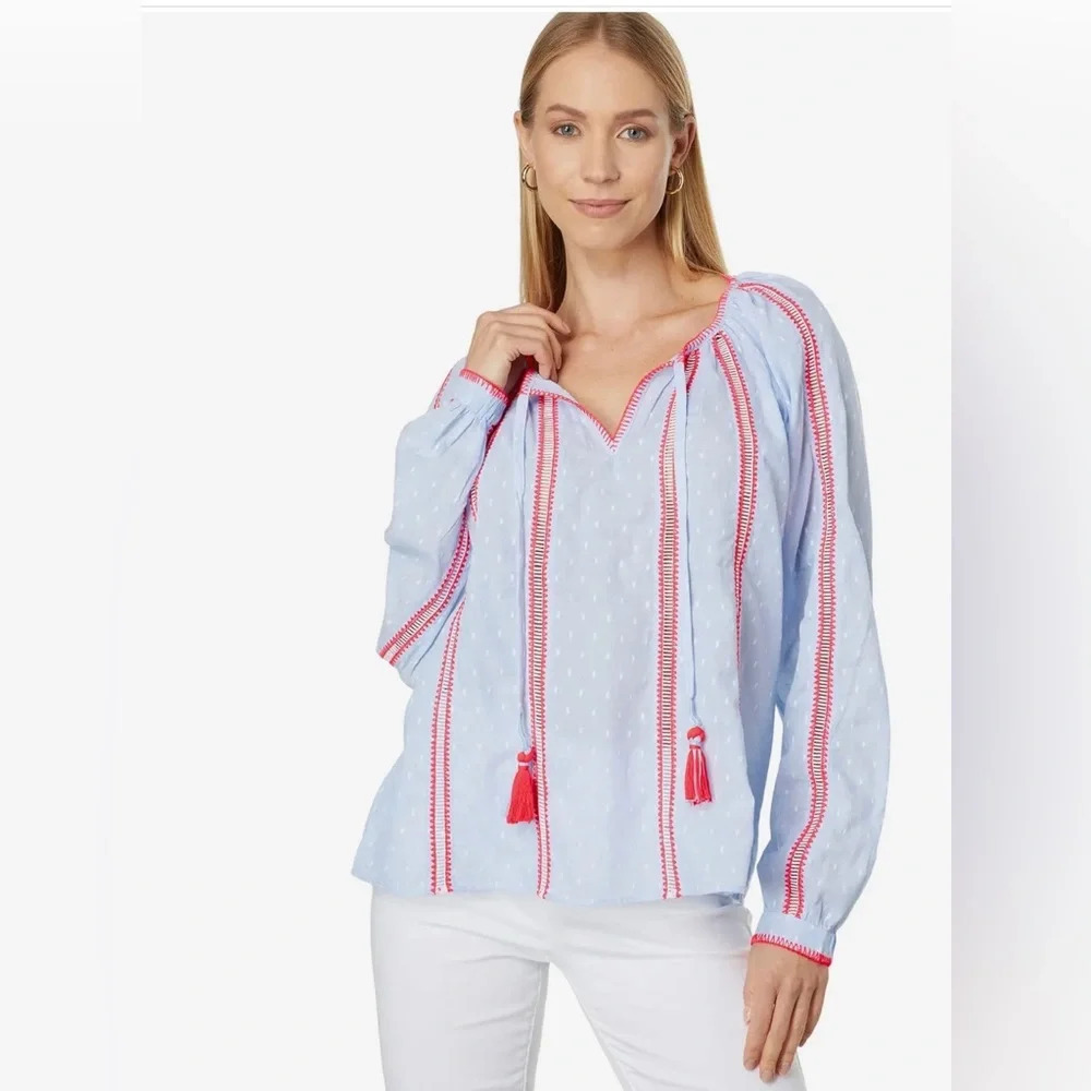 ! Lilly Pulitzer Mardi Long Sleeve Chambray Tassel Top Cotton Clip Blue XL…